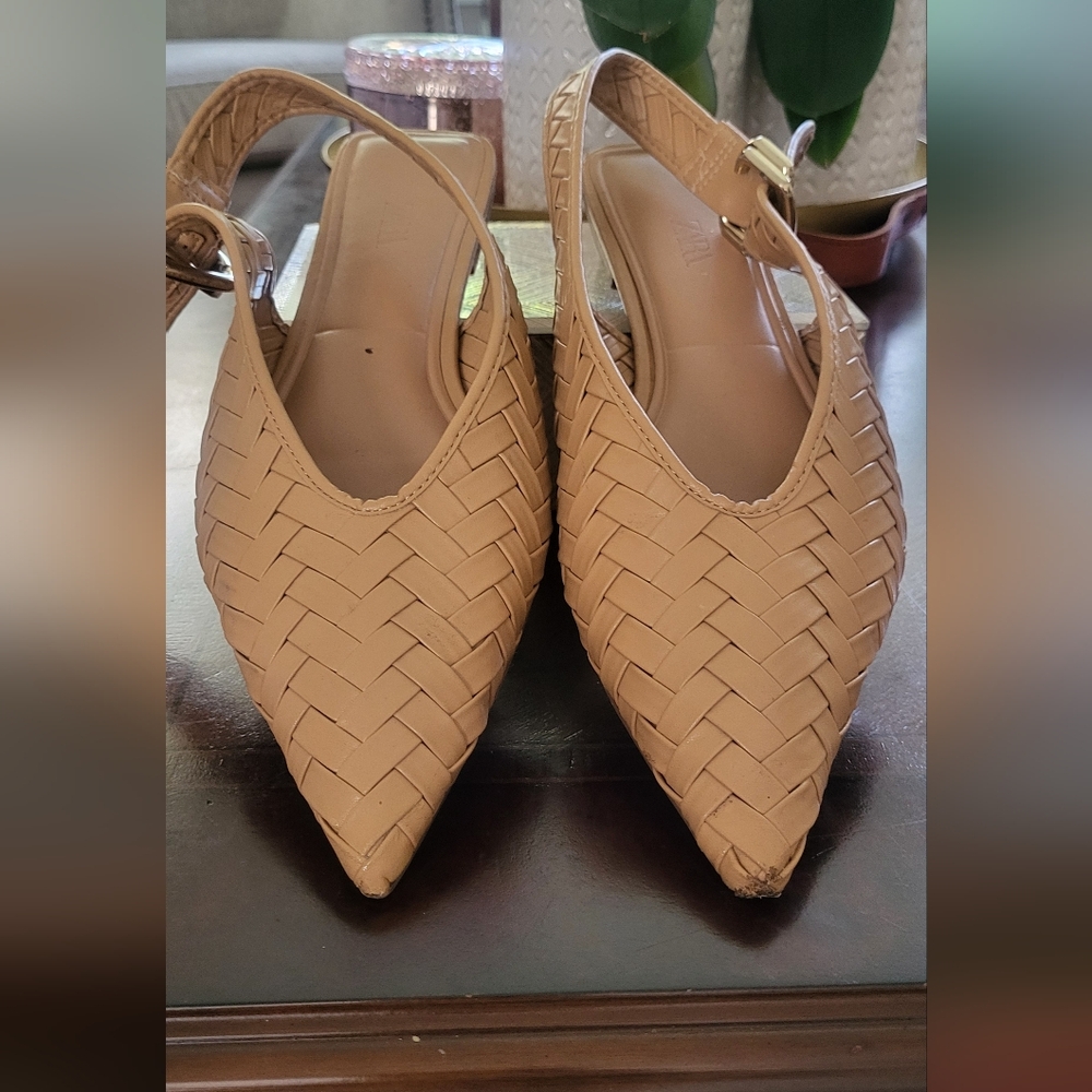 Zara Woven Effect Slingback Open Back Flats Shoes Pointy Toe Buckle Strap S41